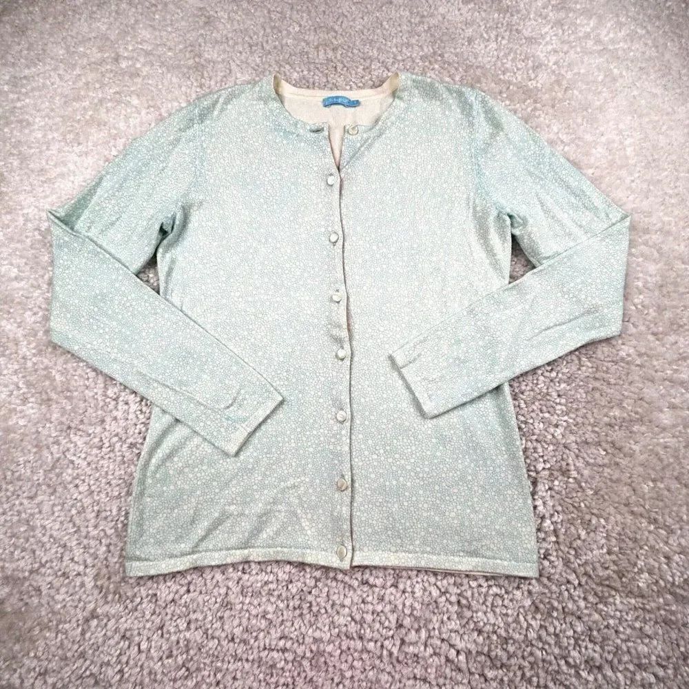 J McLaughlin Cardigan Sweater Blue White Pebble Print